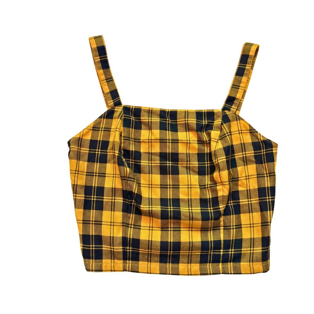 Arizona Jean Co Yellow Black Plaid Shirred Back Crop Top S